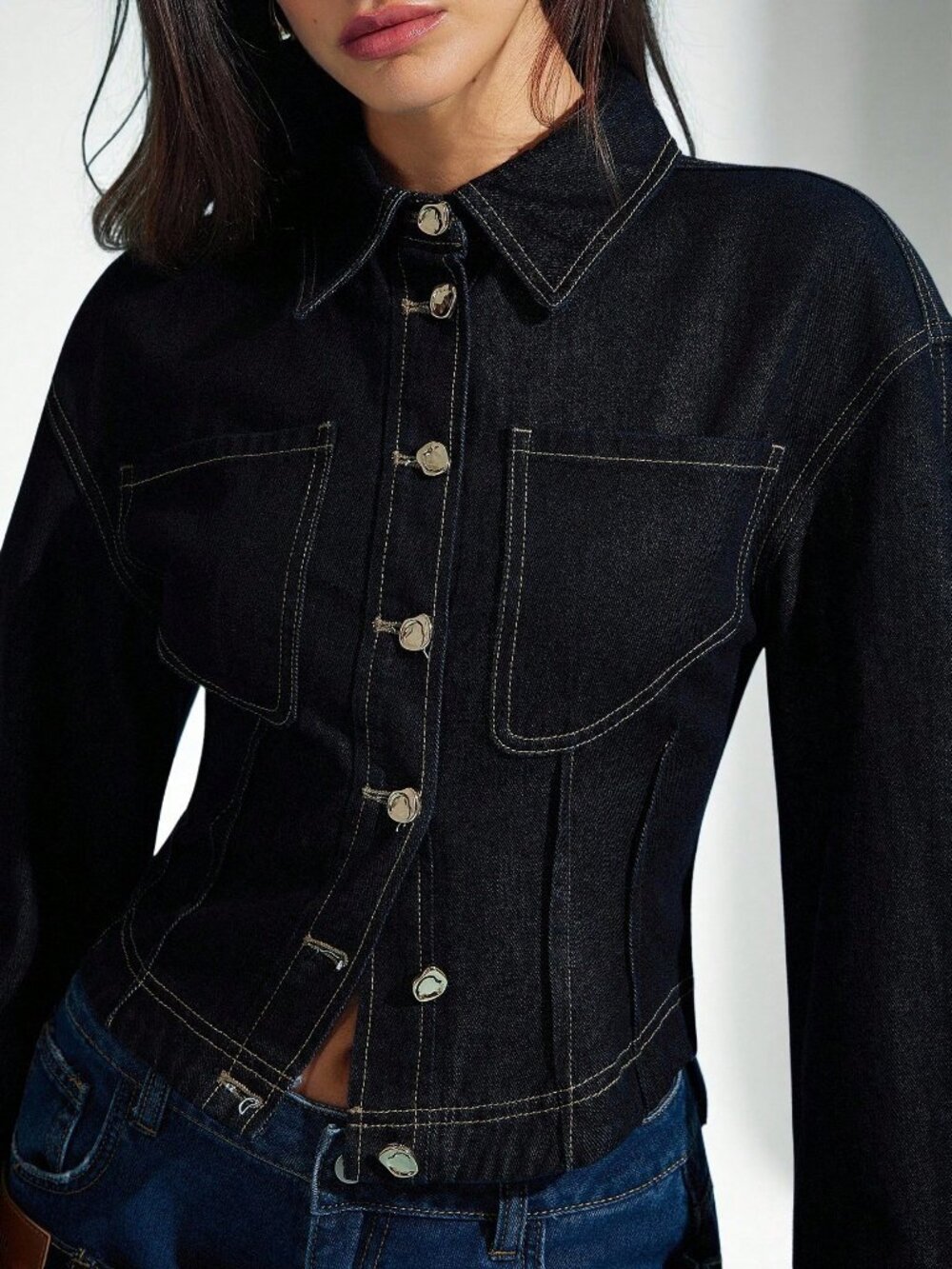 Dark Wash Casual Women's Cinched Waist Exaggerated Cuffs Collared Denim Shirt - Picture 3 of 5